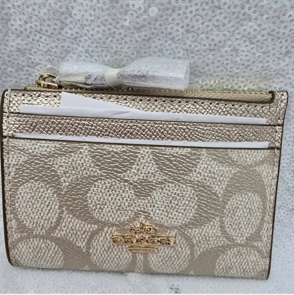 Coach Mini Skinny ID Card Case Golden  Pearlized Metallic Crossgrain Leather - Picture 2 of 8